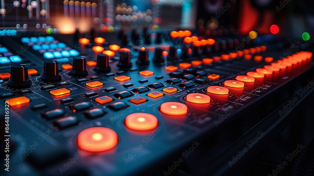Modern audio mixing console with glowing buttons Modern audio mixing console with glowing buttons