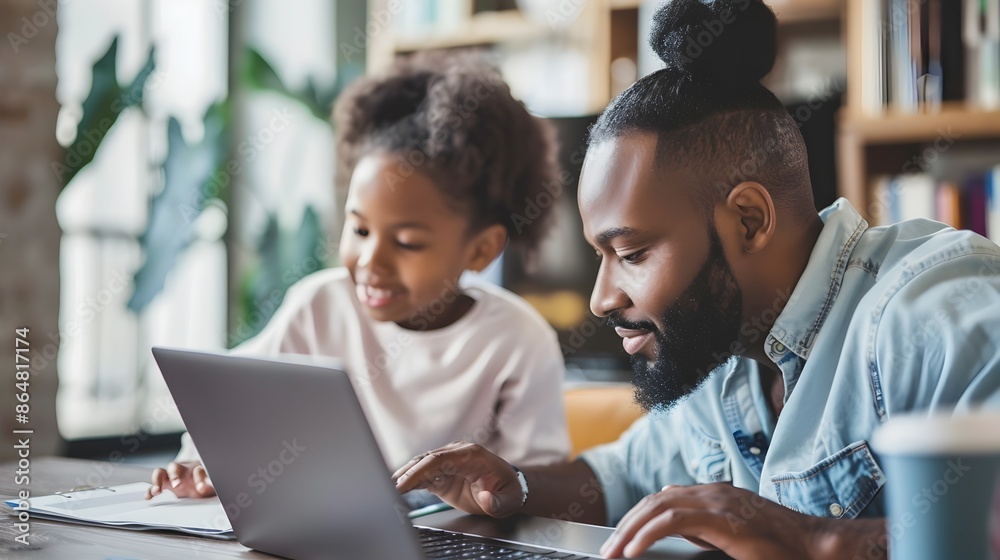 Father Supervising Child s Homework While Working on Laptop at Home Father Supervising Child s Homework While Working on Laptop at Home