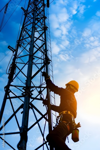 Silhouette of a worker climbing a telecommunications tower against a bright blue sky and setting sun, showcasing industrial work and safety gear.