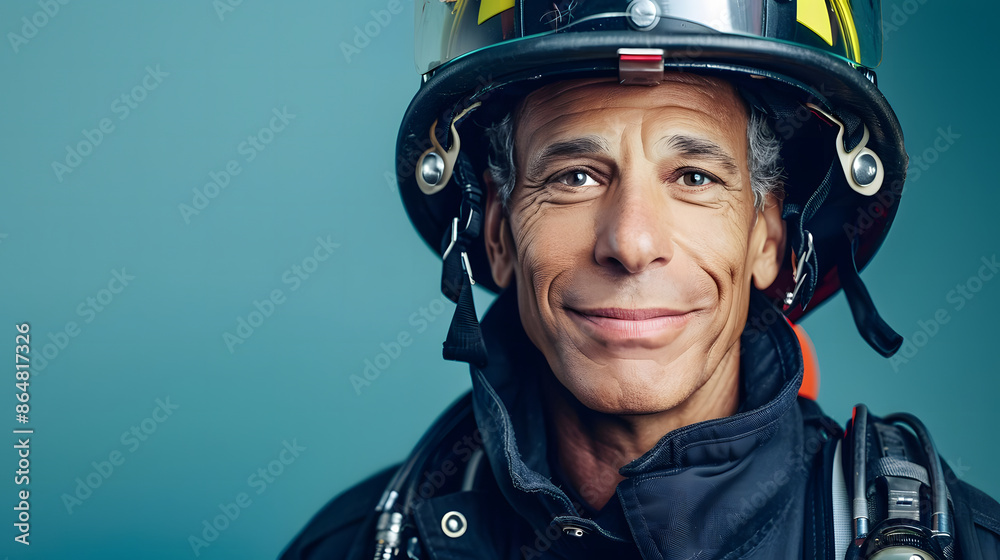 Smiling firefighter in full gear against a blue background, representing bravery and dedication in emergency services. Smiling firefighter in full gear against a blue background, representing bravery and dedication in emergency services.