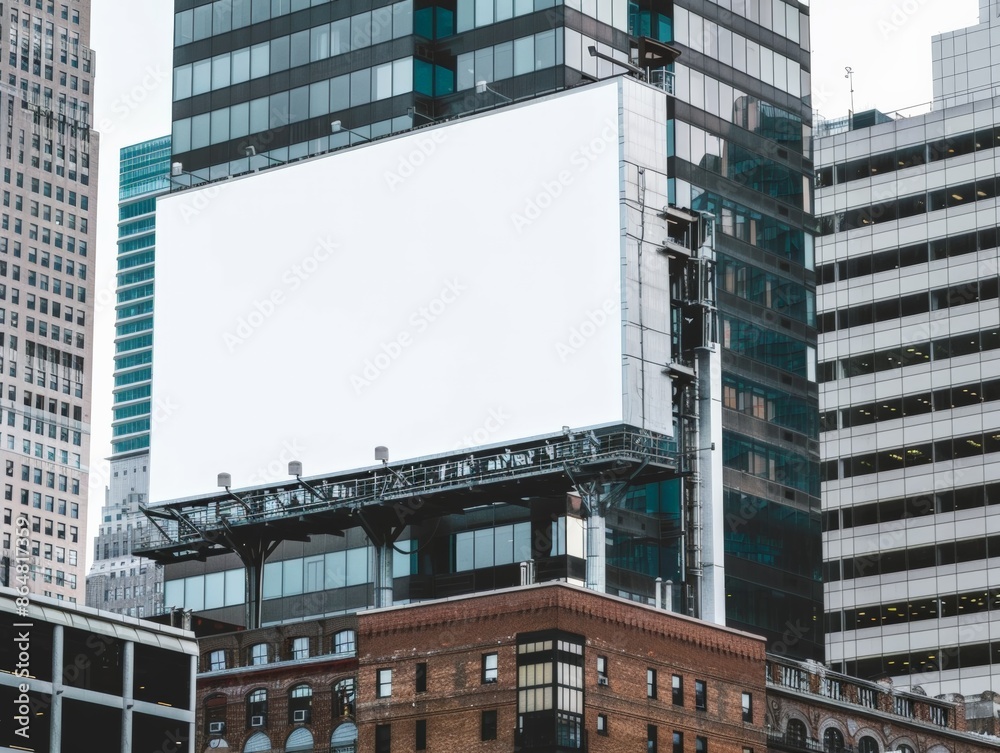Large blank billboard mockup on a high-rise building in a financial district Large blank billboard mockup on a high-rise building in a financial district