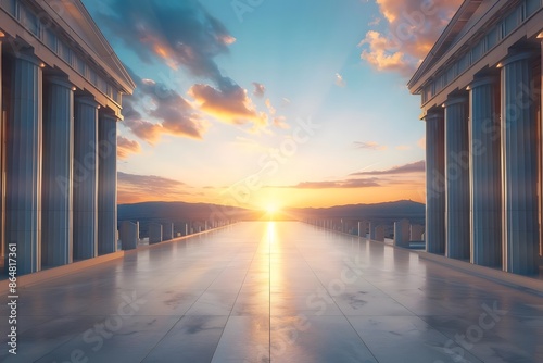 Stunning sunrise view between ancient Greek columns, highlighting majestic architecture and serene landscape