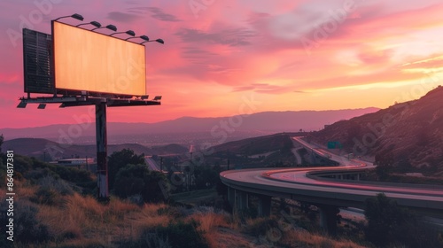 Large empty billboard overlooking a highway at sunset
