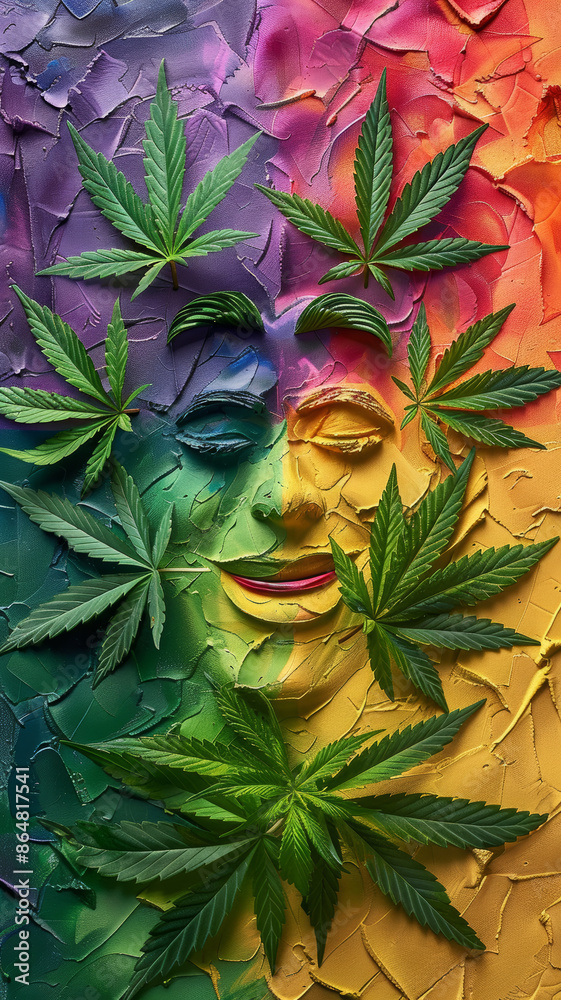 Obraz premium Marijuana Leaves Smile on Rainbow Background