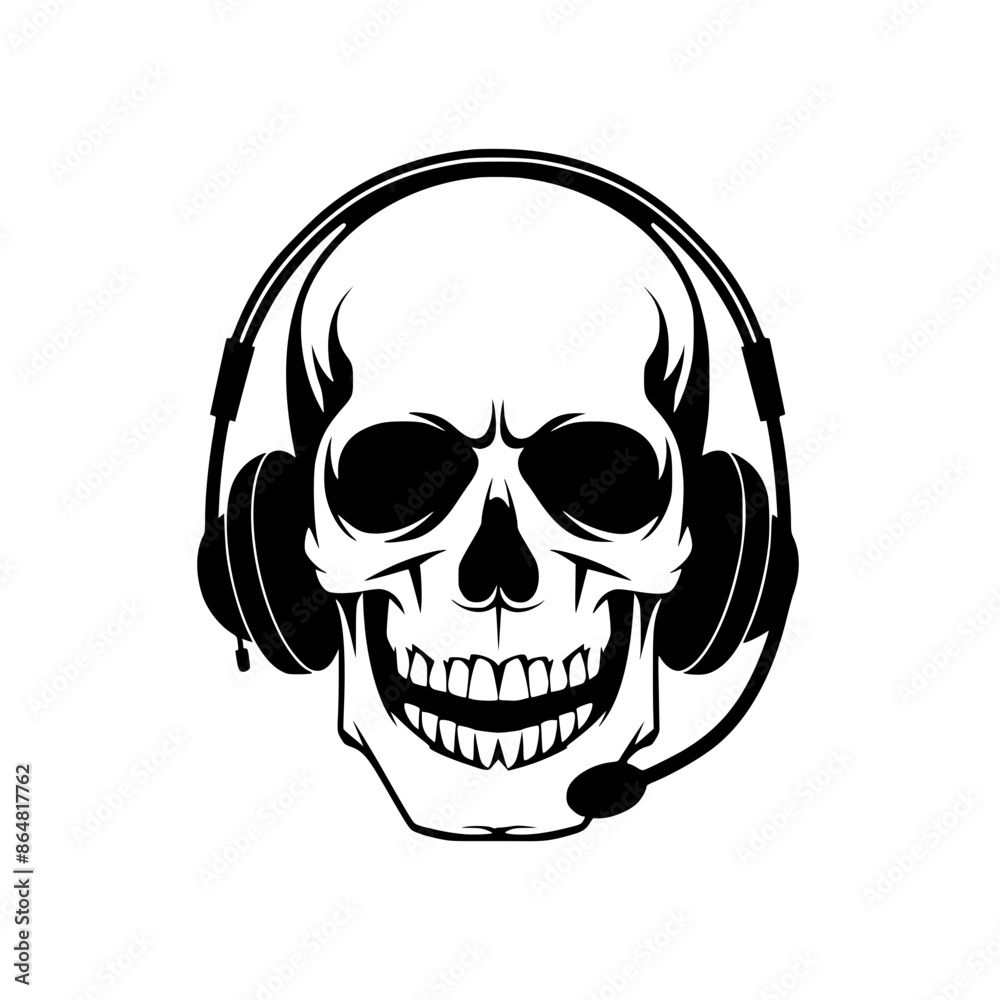Obraz premium Skull Wearing Headphones Illustration, Black and white illustration of a skull wearing headphones, combining a macabre theme with modern audio gear. 