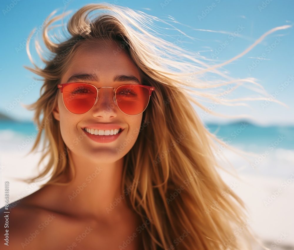 Blonde Woman in Red Sunglasses Smiling Under the Sun on a Beach, Summer Joy Carefree Moments Windblown Hair Blonde Woman in Red Sunglasses Smiling Under the Sun on a Beach, Summer Joy Carefree Moments Windblown Hair