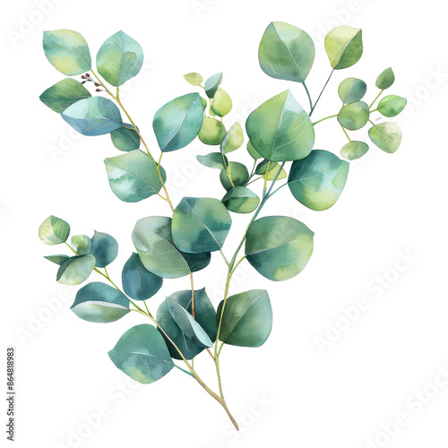 Watercolor illustration of green eucalyptus branch with leaves. Ideal for botanical artwork, nature-themed designs, and floral decor. © Aquarii