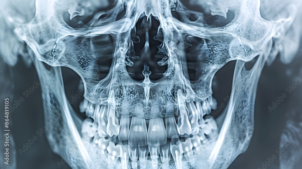 X-Ray of a Human Skull: Detailed X-ray image of a human skull, showing ...