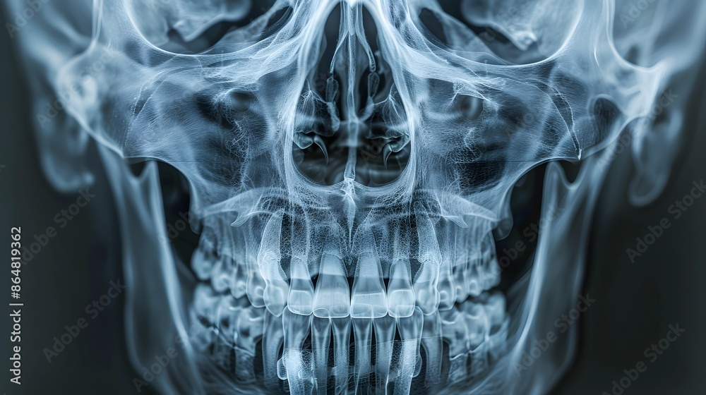 X-Ray of a Human Skull: Detailed X-ray image of a human skull, showing clear bone structure and teeth alignment. X-Ray of a Human Skull: Detailed X-ray image of a human skull, showing clear bone structure and teeth alignment.