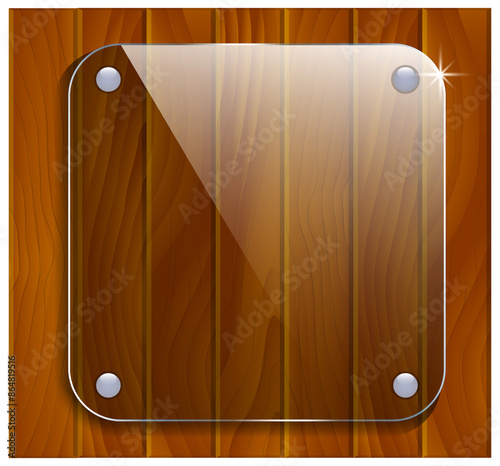 Glass Plaque on Wooden Background. 3D illustration