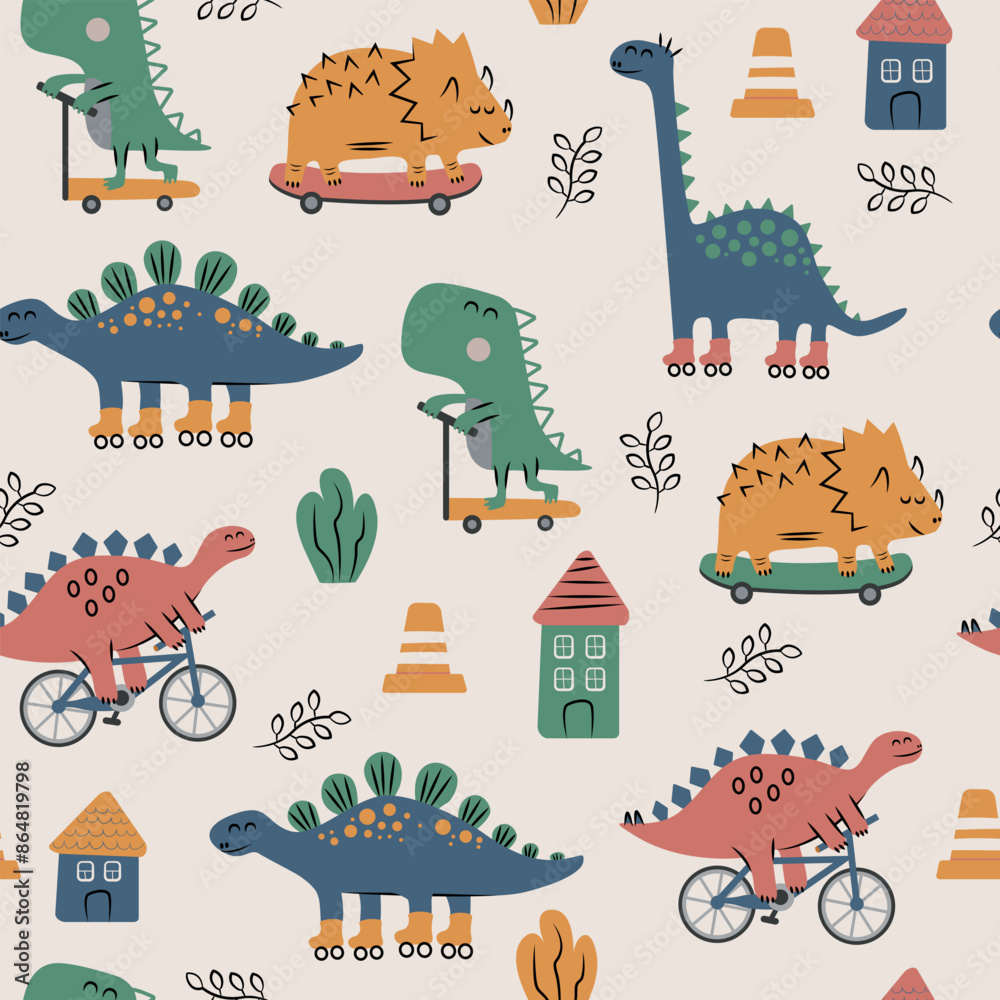 Funny dinosaurs on scooters