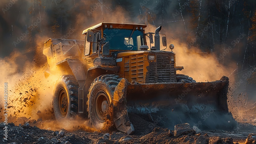 Heavy duty bulldozer moving dirt on a construction site at sunset