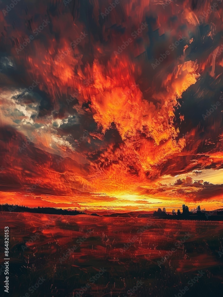 Fiery Sunset Over a Field at Dusk Fiery Sunset Over a Field at Dusk