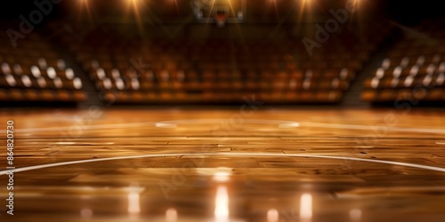 Basketball Court Illuminated by Spotlights with Polished Wood and Fan Seats. Concept Basketball, Court, Spotlights, Wood, Fan Seats photo