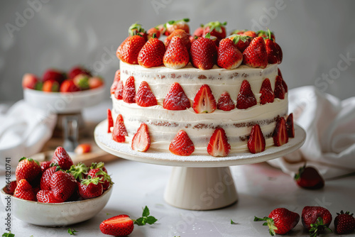Beautiful Minimalist Strawberry Cake with Fresh Berries and White Cream on Soft Background