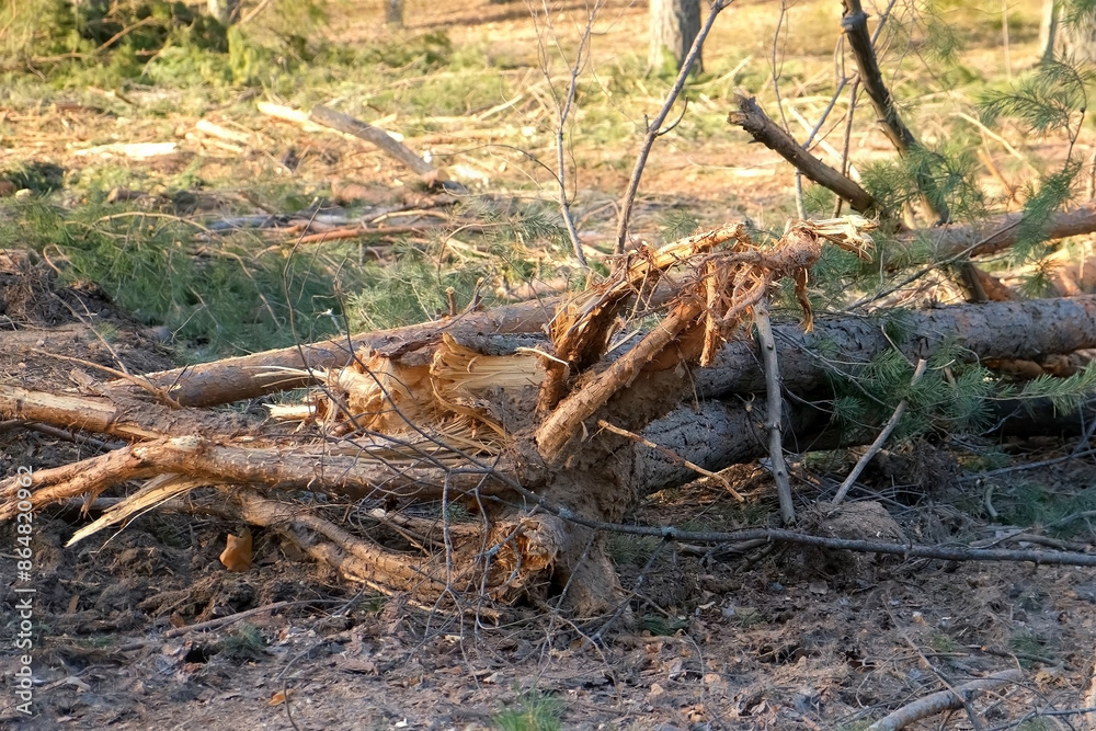 Stumps dry branches from felled pine trees in forest, illegal tree cutting. Destruction trees in wild nature in spring. Forestry industry sawmilling operations. Ecological world problem deforestation. Stumps dry branches from felled pine trees in forest, illegal tree cutting. Destruction trees in wild nature in spring. Forestry industry sawmilling operations. Ecological world problem deforestation.