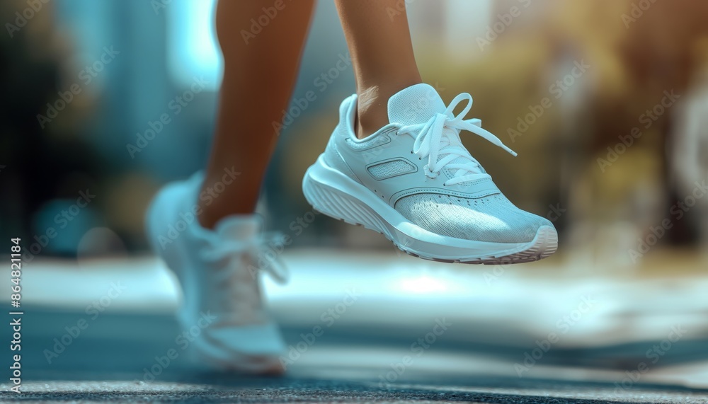 The image captures a close-up of a person mid-jump wearing stylish white running shoes, set against an urban background, exuding energy and movement. The image captures a close-up of a person mid-jump wearing stylish white running shoes, set against an urban background, exuding energy and movement.