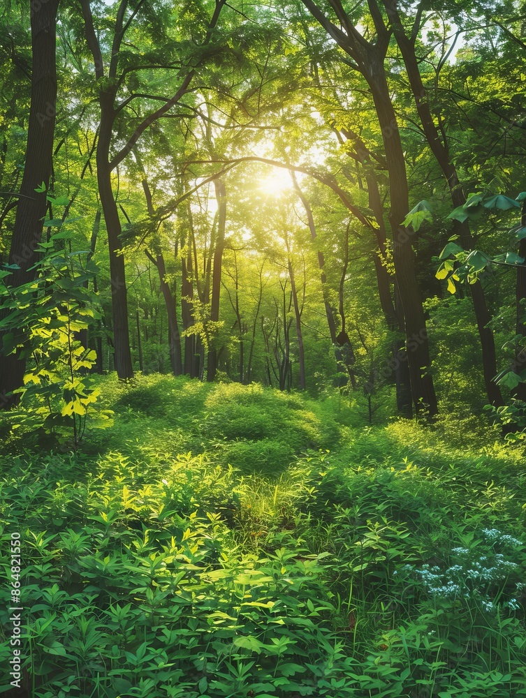 Obraz premium Sunbeams Through Green Forest Canopy In Summer