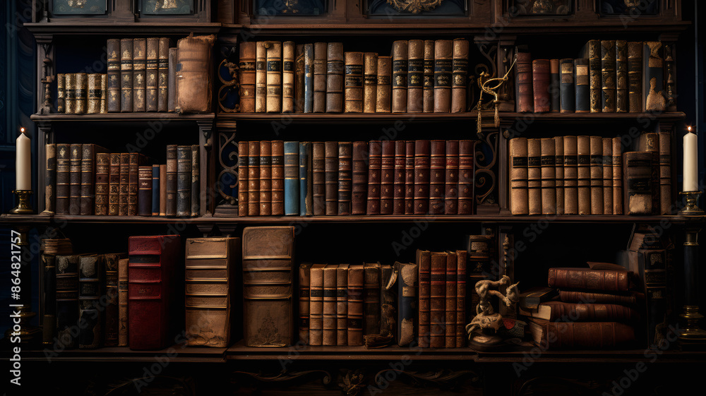 Image of an ancient library with historical books, understanding, book, knowledge, learning, library, bookshelves, history, old, collection, education, school, AI-generated.