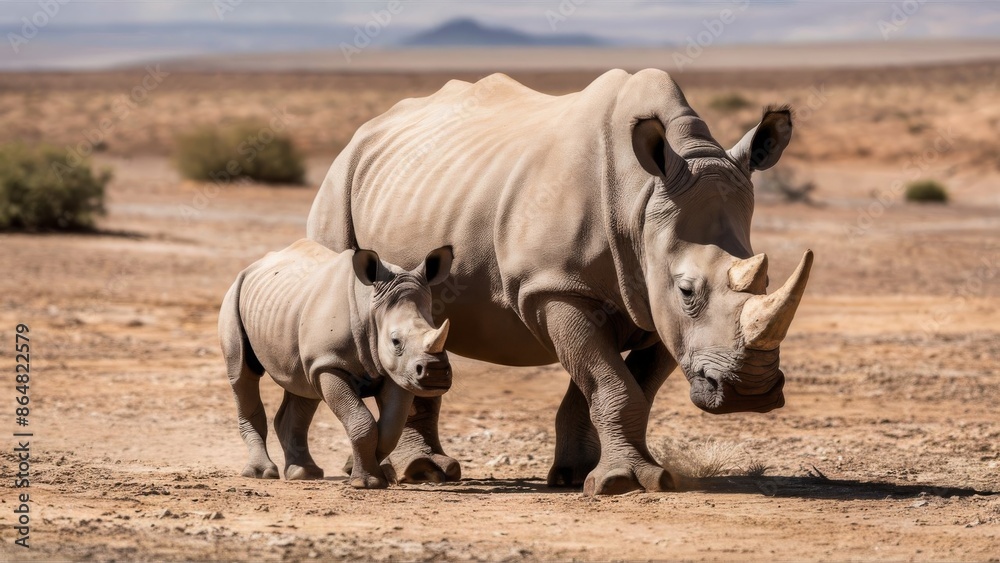 A rhinoceros cow and her calf walking away in the Etosha desert, showcasing their bond and the vast, arid landscape A rhinoceros cow and her calf walking away in the Etosha desert, showcasing their bond and the vast, arid landscape