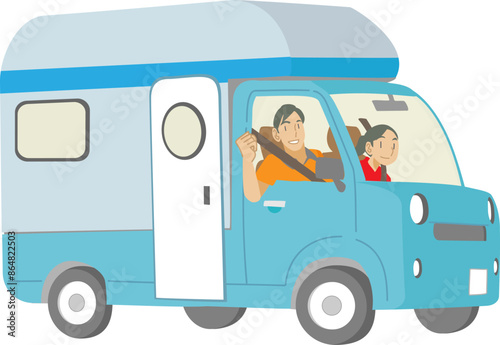 キャンピングカーに乗った親子のイラスト