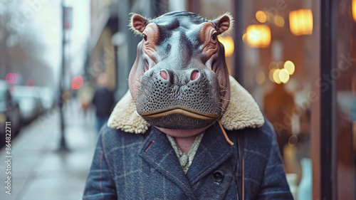 Fashionable hippopotamus graces city streets in tailored elegance, epitomizing street style. photo