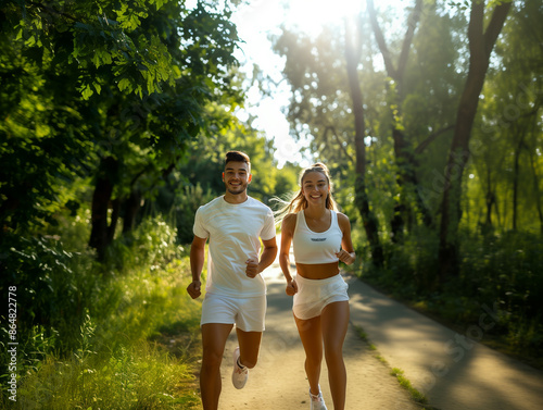 Couple jogging in the park. A young couple is training in the park. The joy of pair training. © Arioh