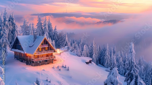 Fantastic winter landscape with wooden house in snowy mountains. Christmas holiday concept. Carpathians mountain, Ukraine, Europe photo