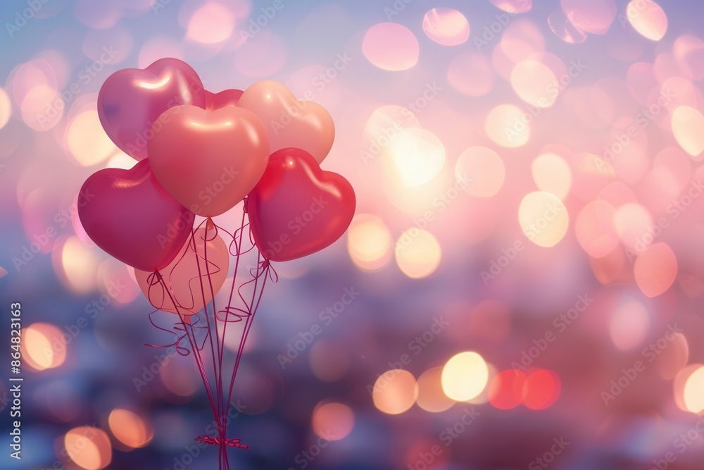 A cluster of heart-shaped balloons against a soft, romantic backdrop of a city skyline at dusk. Generative AI A cluster of heart-shaped balloons against a soft, romantic backdrop of a city skyline at dusk. Generative AI