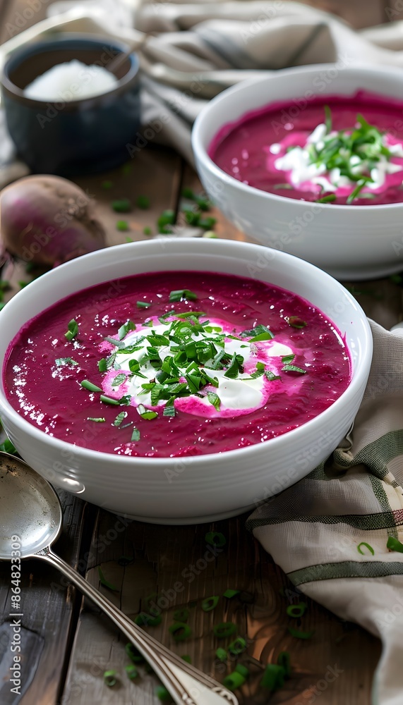Beetroot soup with sour cream and horseradish in white bowls on a wooden table. Beetroot soup with sour cream and horseradish in white bowls on a wooden table.