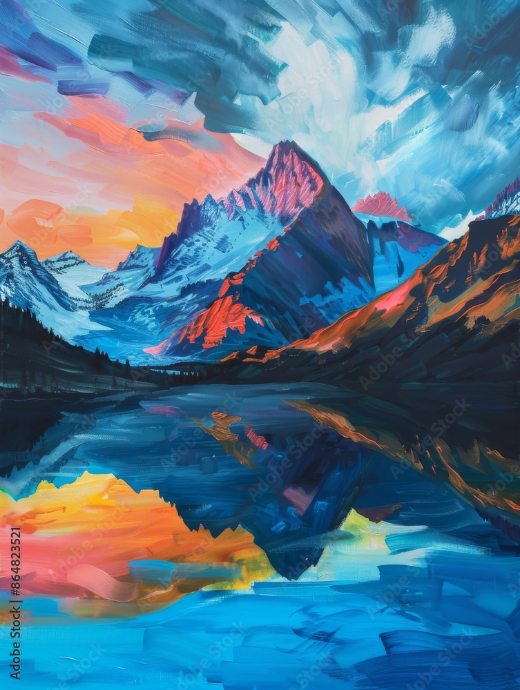 Obraz premium Mountain Range Reflection in Still Water at Sunset