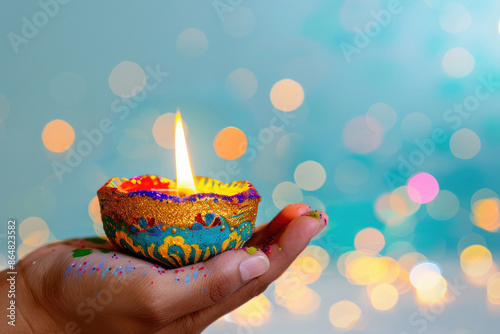 female hand holding diya or oil lamp on traditional festival diwali photo