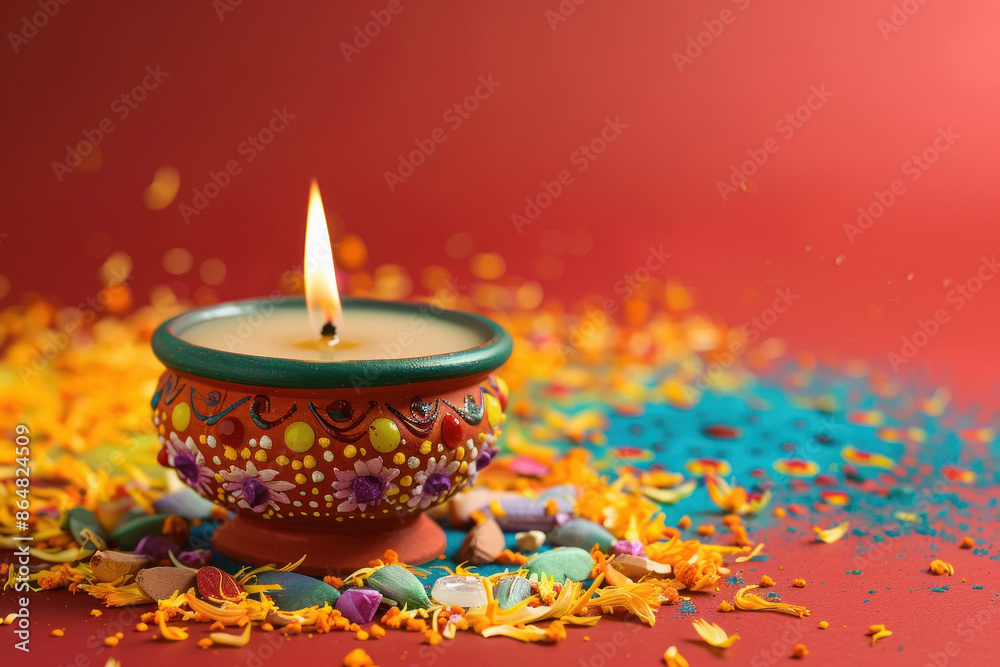 colorful traditional oil lamp with flower petals on red background colorful traditional oil lamp with flower petals on red background