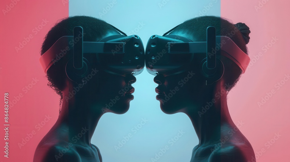 Interactive conversation flat design front view virtual reality theme 3D render Split-complementary color scheme Interactive conversation flat design front view virtual reality theme 3D render Split-complementary color scheme