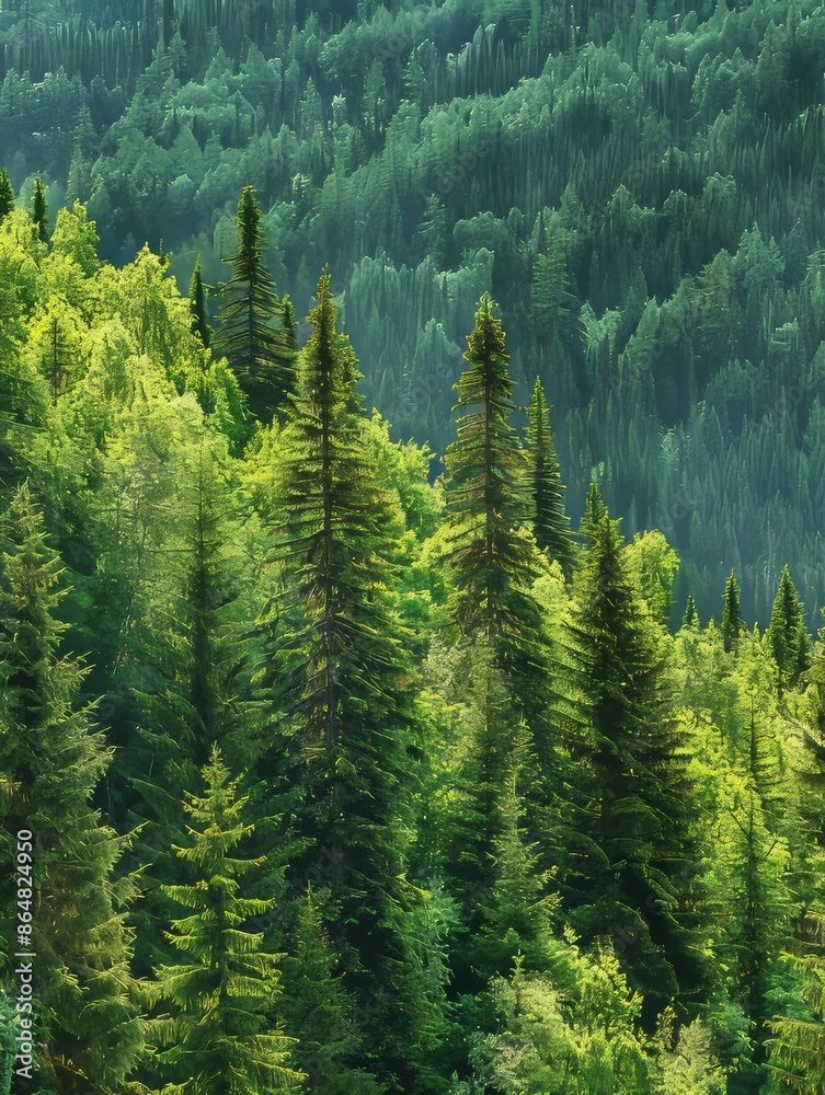 Obraz premium Lush Evergreen Forest Landscape in a Mountainous Region