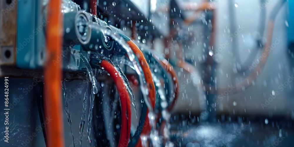 Water damage in electrical room from snowmelt or burst pipes blurs cables. Concept Water Damage, Electrical Room, Snowmelt, Burst Pipes, Cable Management Water damage in electrical room from snowmelt or burst pipes blurs cables. Concept Water Damage, Electrical Room, Snowmelt, Burst Pipes, Cable Management
