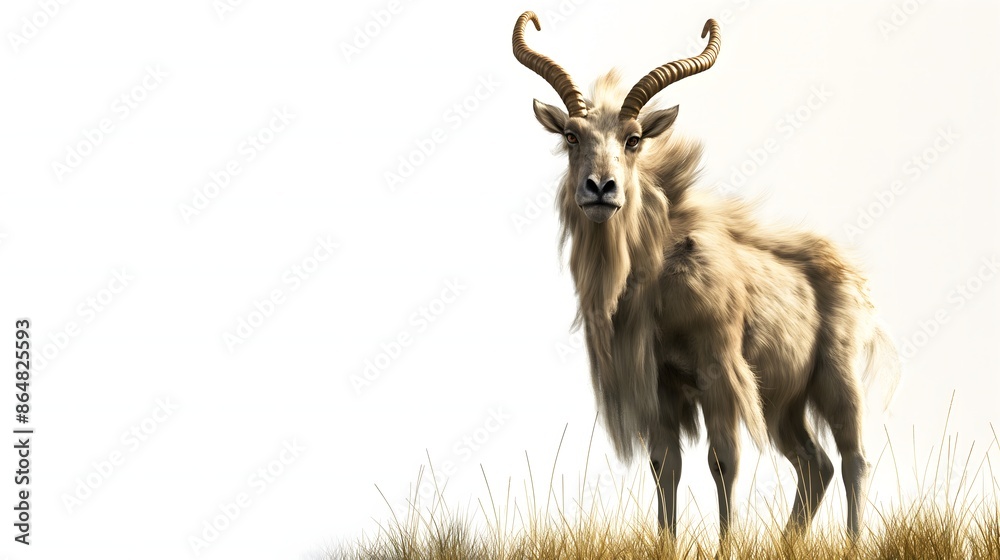 2. Create an isolated, white-background image of a markhor featuring its entire body, including its impressive horns and distinctive facial features, devoid of any text or logos, to highlight its 2. Create an isolated, white-background image of a markhor featuring its entire body, including its impressive horns and distinctive facial features, devoid of any text or logos, to highlight its
