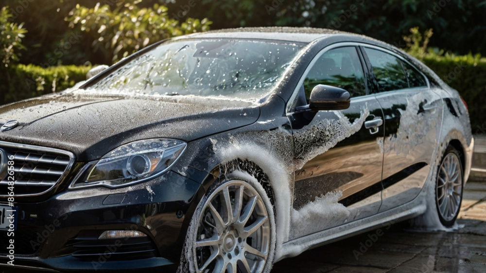 Naklejka premium car cleaning and washing with foam soap
