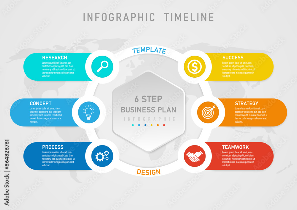 Infographic template 6 Business planning steps for success The hexagonal button in the middle of the upper letter. Outer white circle with multi-colored square center icon and text. map below Infographic template 6 Business planning steps for success The hexagonal button in the middle of the upper letter. Outer white circle with multi-colored square center icon and text. map below