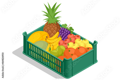 Isometric box with fresh ripe fruits, in the box there are pineapple, grapes, apples, melon, bananas and oranges. Natural fresh products. Sellers and marketing concept. Farmer market.