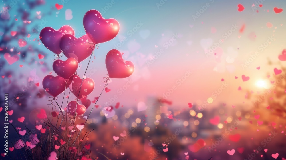 Heart-shaped balloons float against a romantic sunset backdrop, perfect for restaurants and romantic event planners. Generative AI