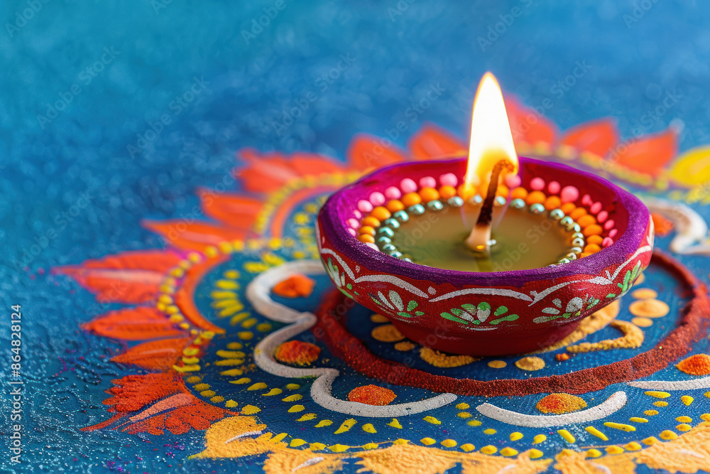 Traditional oil lamp with colorful rangoli design on diwali festival Traditional oil lamp with colorful rangoli design on diwali festival