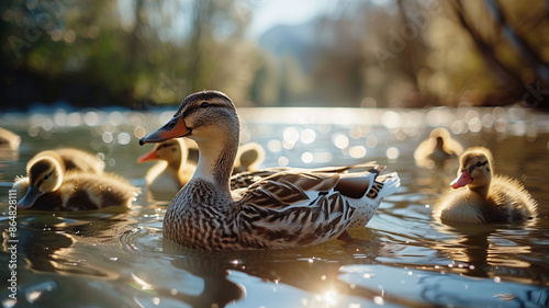 Duck family quacking near pond, AI Generative.