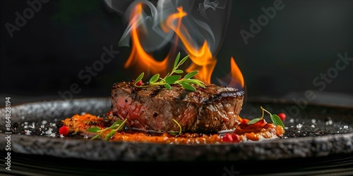 Flaming Grilled Beef Steak. Concept Grilling Tips, Steak Seasoning, Meat Doneness Levels, BBQ Techniques photo