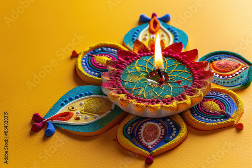 Traditional oil lamp with colorful rangoli design on diwali festival © Neha