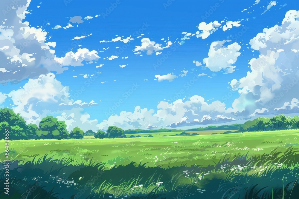 Fototapeta premium Beautiful blue sky with white clouds over lush green meadow. Peaceful nature landscape scene in cartoon style.