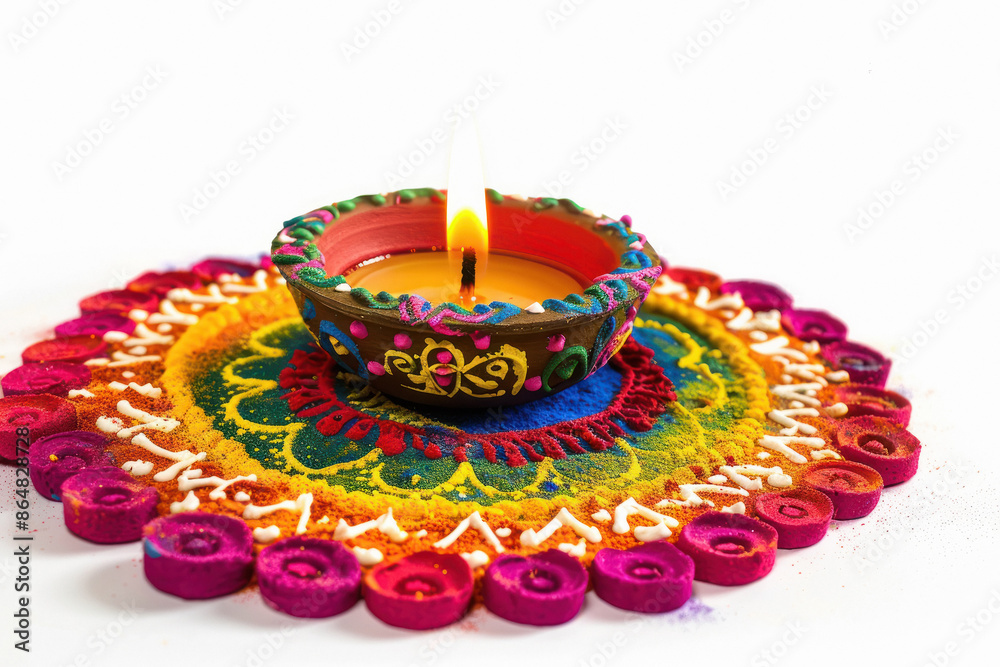 Traditional oil lamp with colorful rangoli design on diwali festival