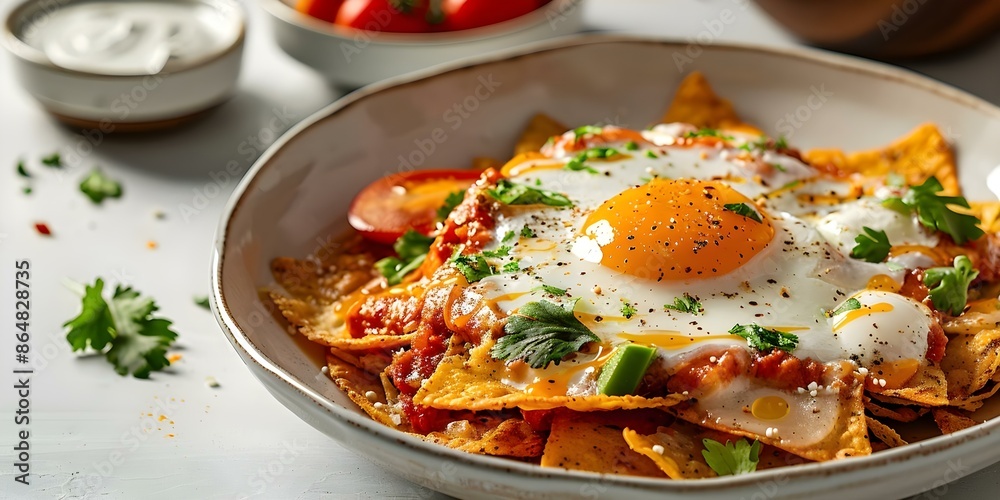 Authentic Mexican chilaquiles captured on a white background. Concept Food Photography, Authentic Mexican Cuisine, Chilaquiles, White Background Authentic Mexican chilaquiles captured on a white background. Concept Food Photography, Authentic Mexican Cuisine, Chilaquiles, White Background