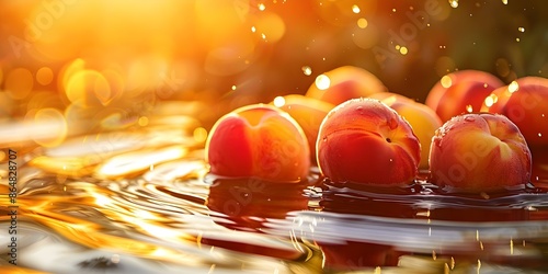 Peaches falling into water, creating ripples under a golden sunset. Concept Nature Photography, Fruit Photography, Sunset Scenes, Water Ripples, Creative Artistic Shots photo