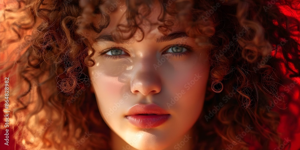 Celebrating Women's Day with an Abstract Background Featuring a Beautiful Girl with Curly Hair. Concept Women's Day Celebration, Abstract Background, Curly Hair, Beautiful Girl, Creative Photography